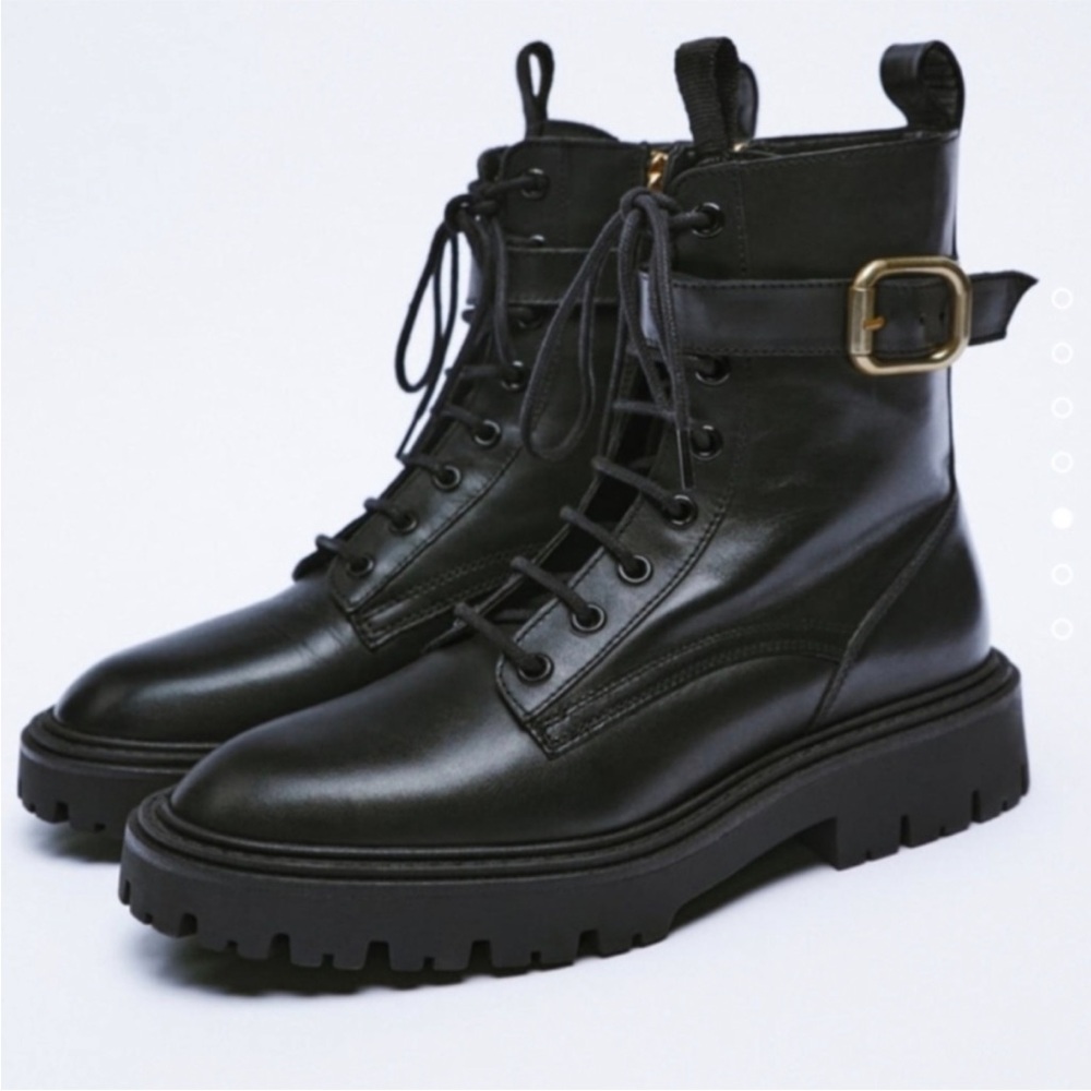Zara Black Leather Moto Boots with Gold Buckle